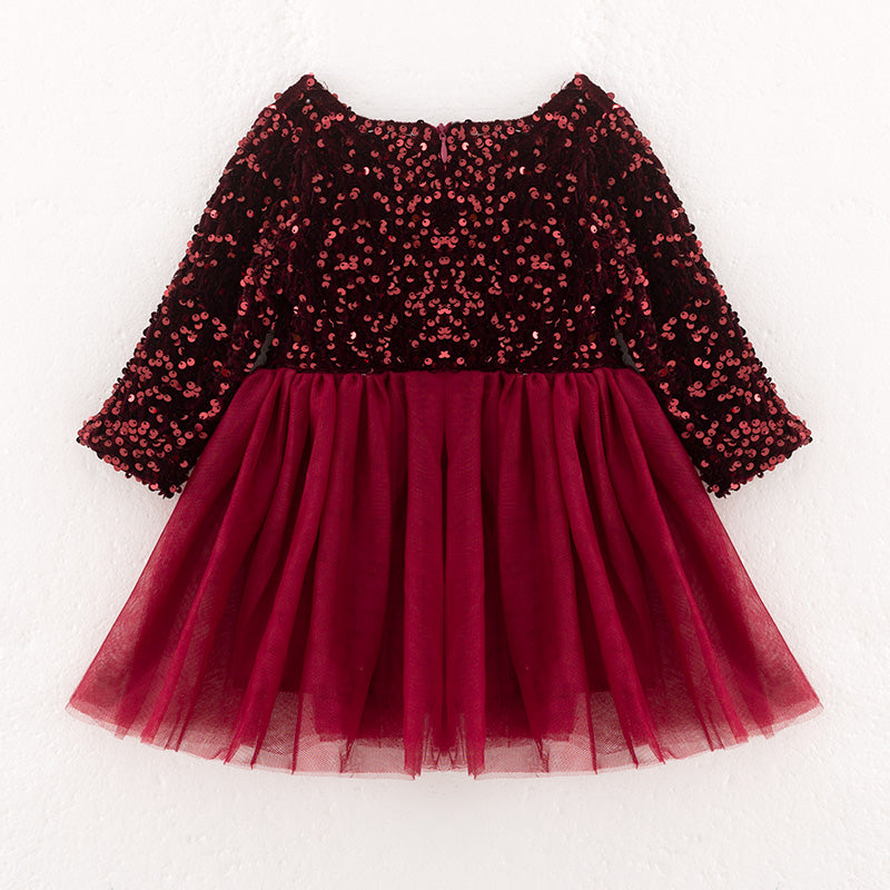 （In Stock）Girls Fall Dark Red Sequin Tulle Dress