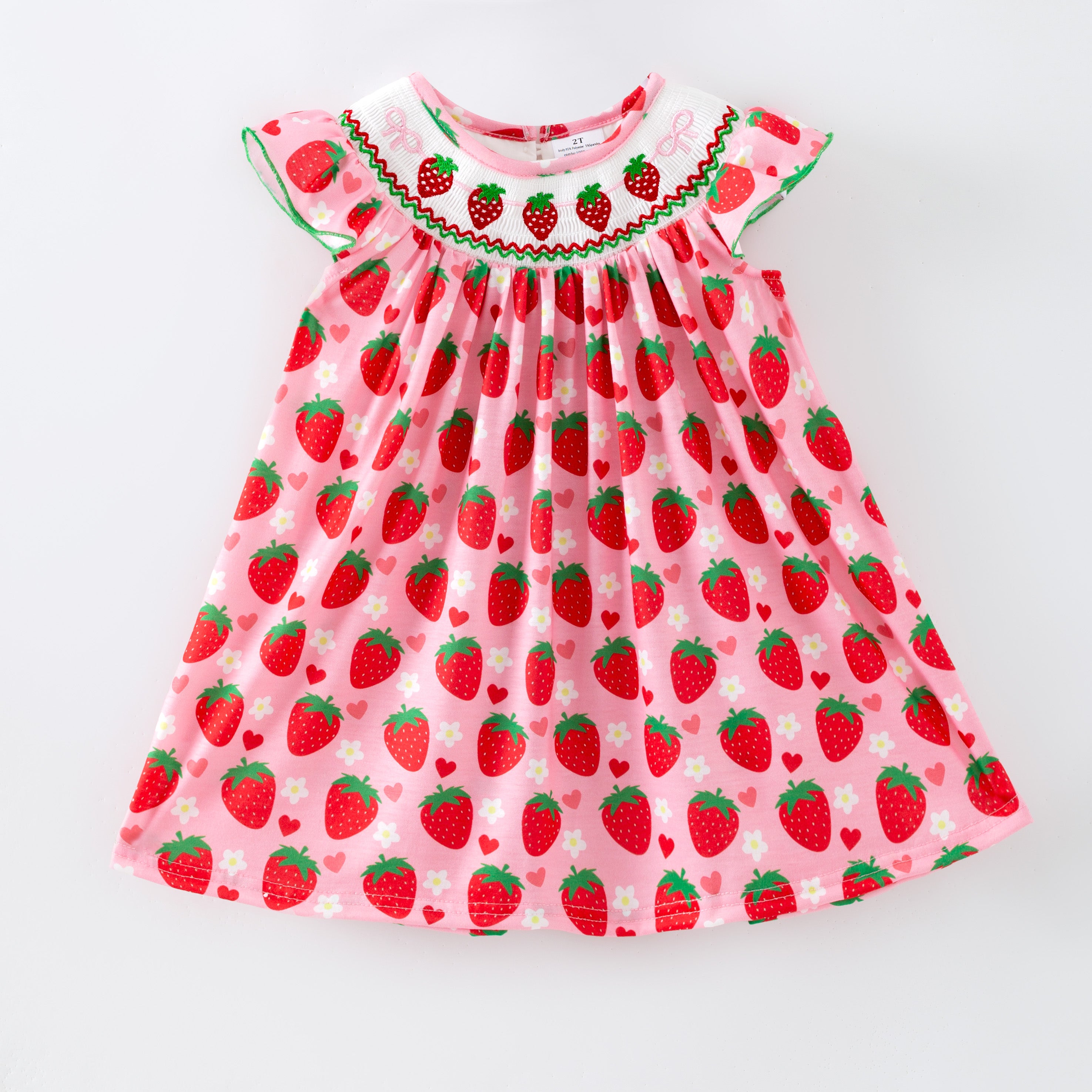 （In Stock）Girls Spring&Summer Strawberry Embroidery Smocked Dress