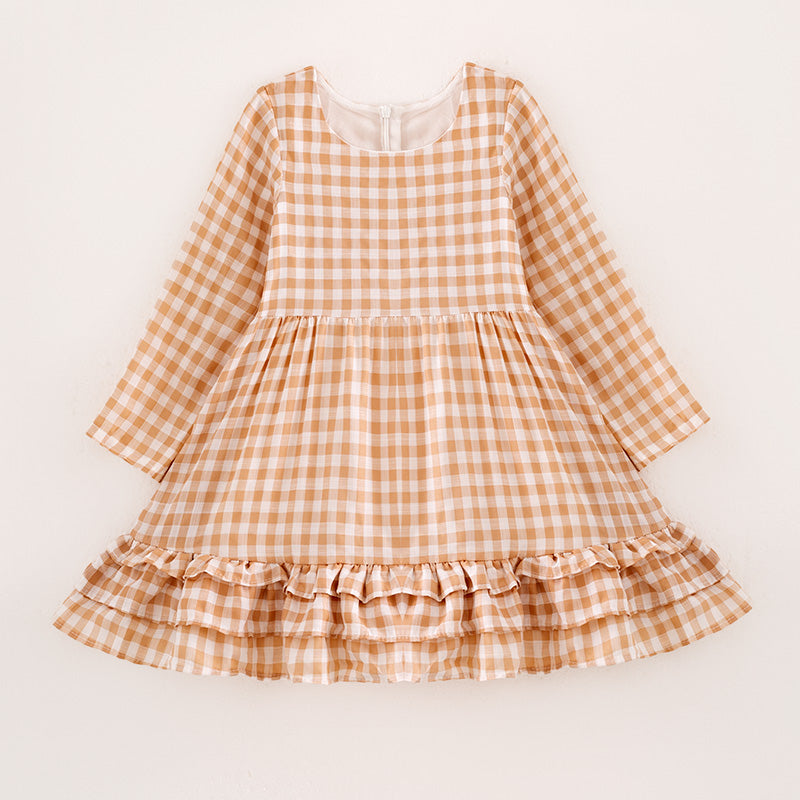 （In Stock）Girls Fall Khaki Plaid Cotton Dress