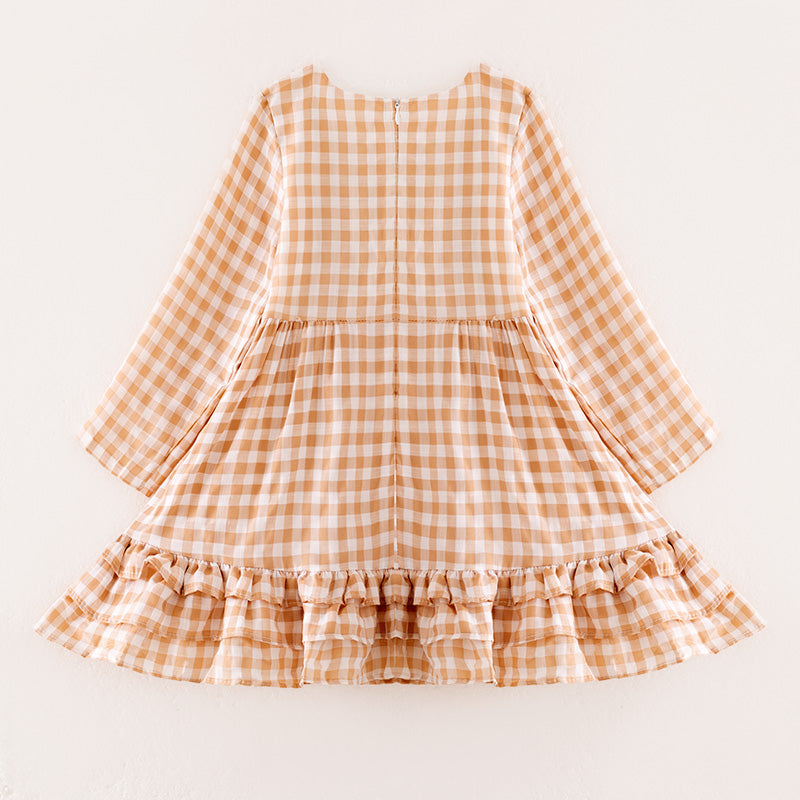 （In Stock）Girls Fall Khaki Plaid Cotton Dress