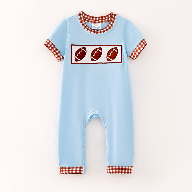 （In Stock）Toddler Boys Summer Football Embroidery Smocked Romper