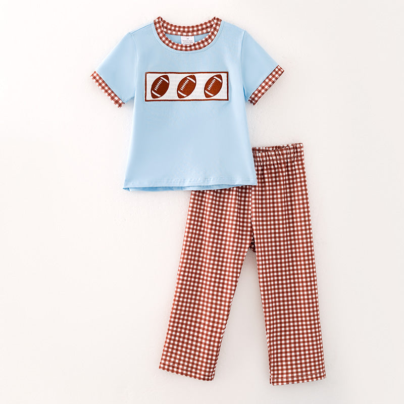 （In Stock）Boys Summer Football Embroidery Smocked Outfit Set