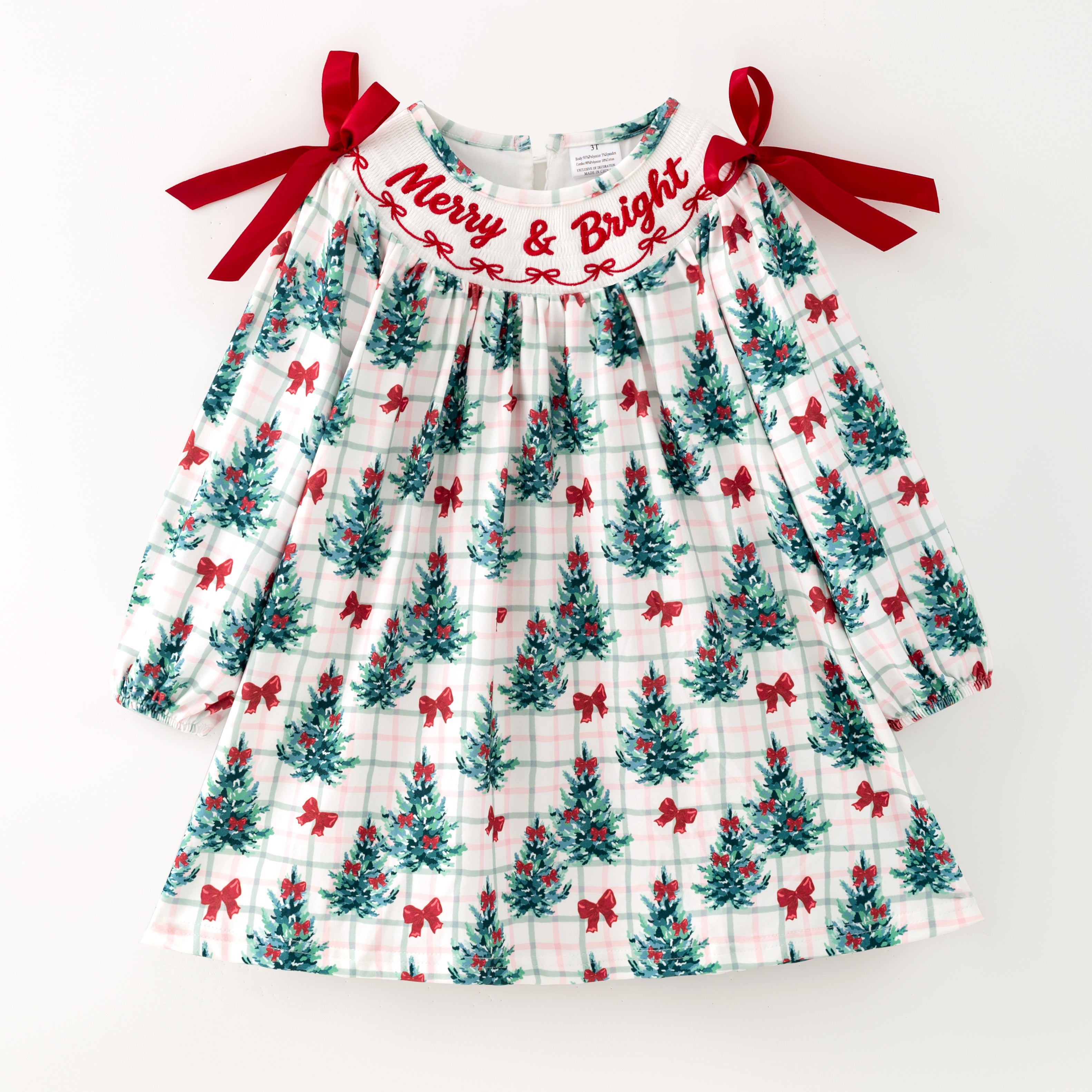 （In Stock）Girls Christmas Tree Embroidery Smocked Dress