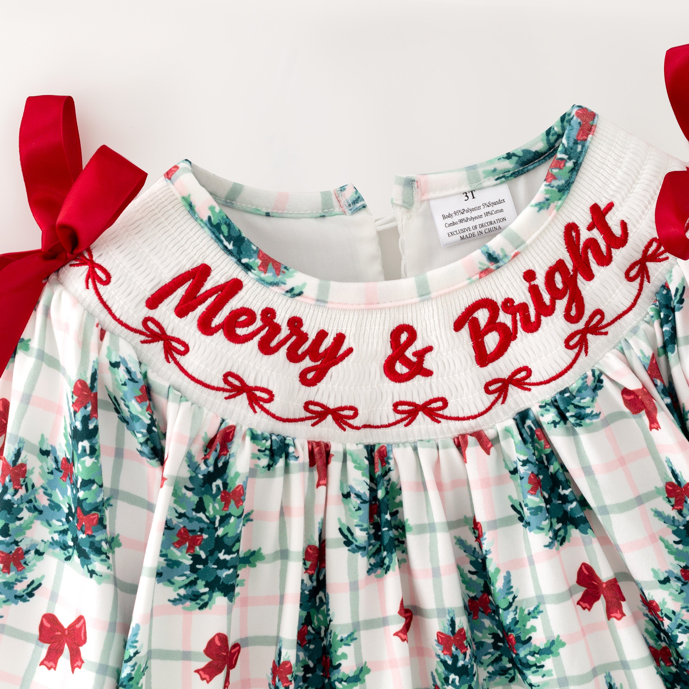 （In Stock）Girls Christmas Tree Embroidery Smocked Dress