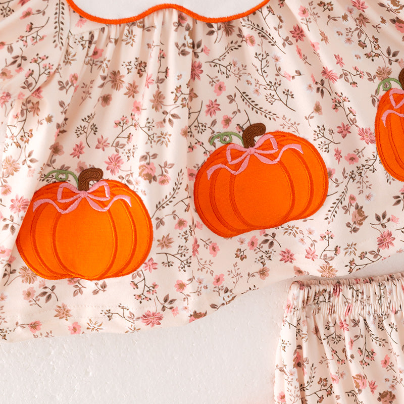 （In Stock）Toddler Girls Thanksgiving Pumpkin Applique Bloomer Set