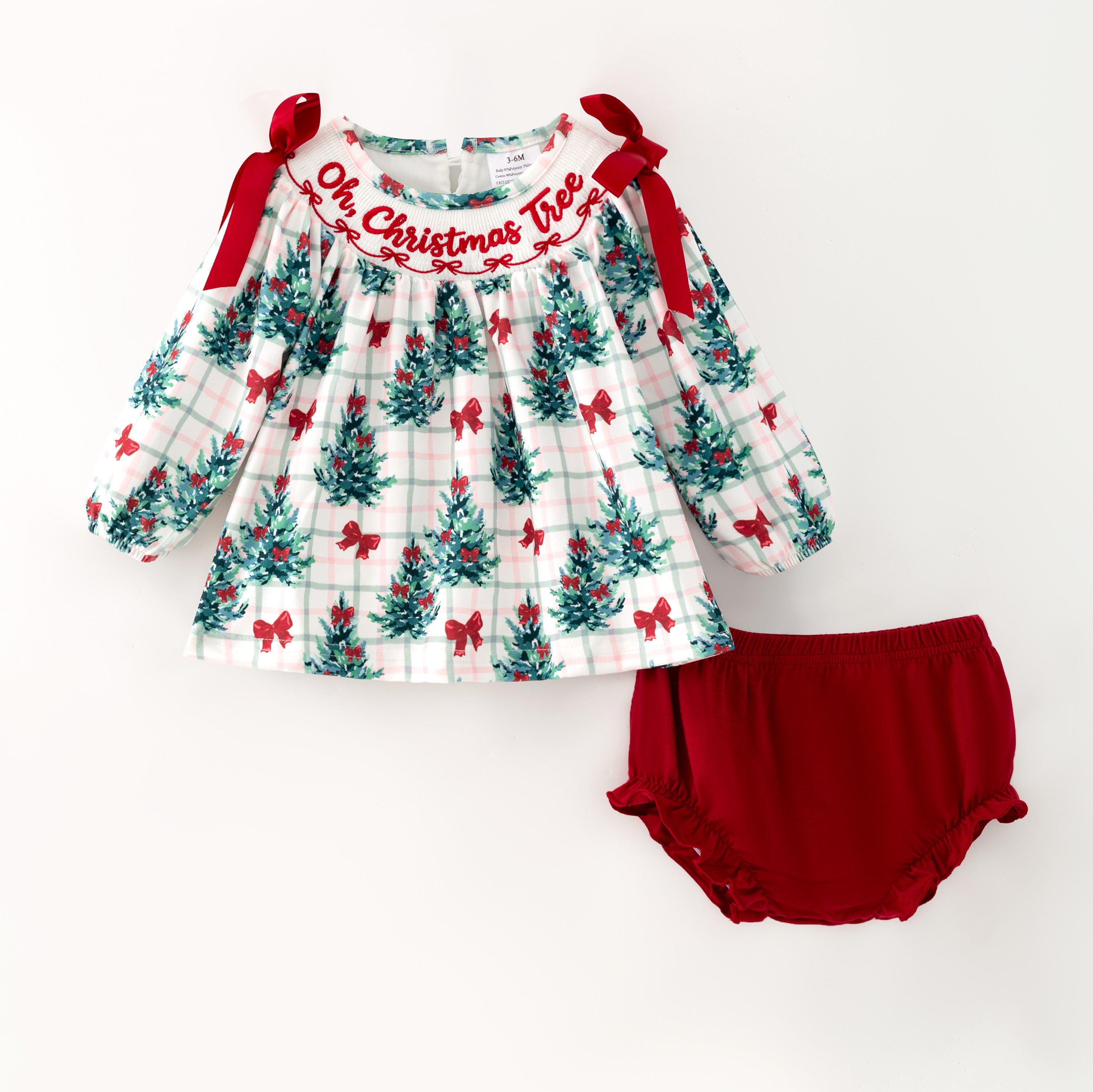 （In Stock）Toddler Girls Christmas Tree Embroidery Smocked Bloomer Set