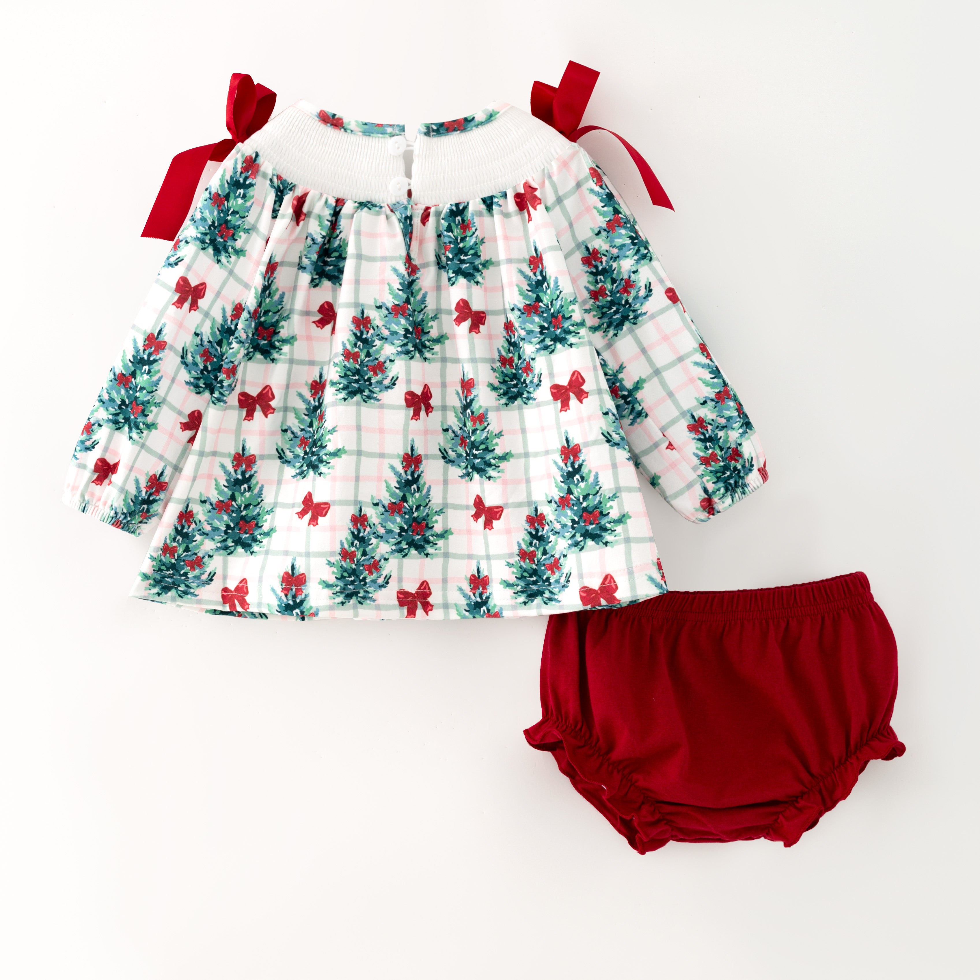 （In Stock）Toddler Girls Christmas Tree Embroidery Smocked Bloomer Set