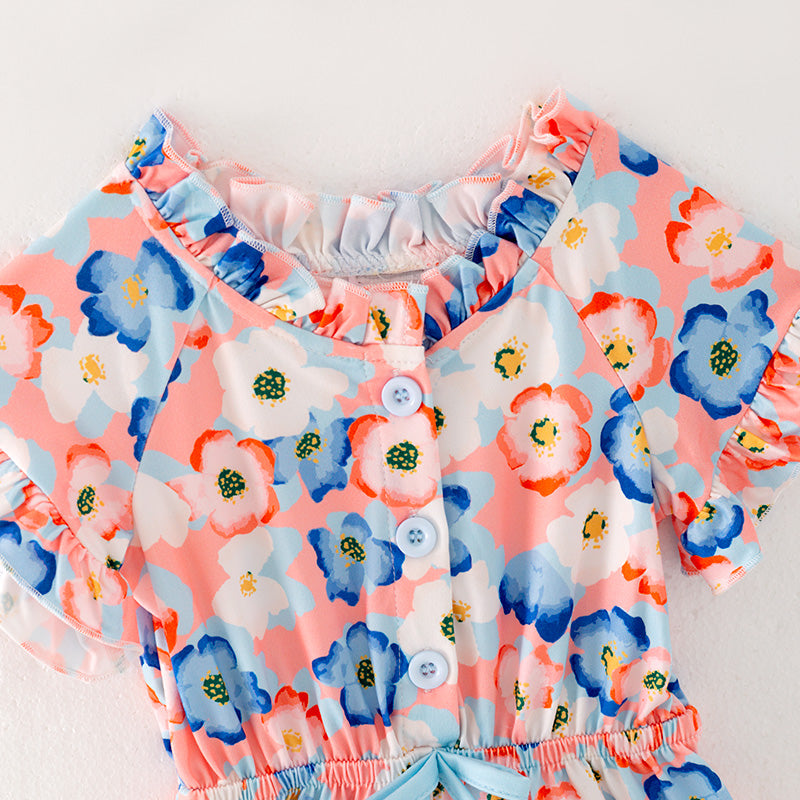 （In Stock L10-03-03)Girls Orange Floral Print Lace Jumpsuit