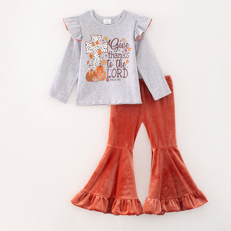 （In Stock）Girls Thanksgiving Pumpkin Print Cotton Velvet Pants Set
