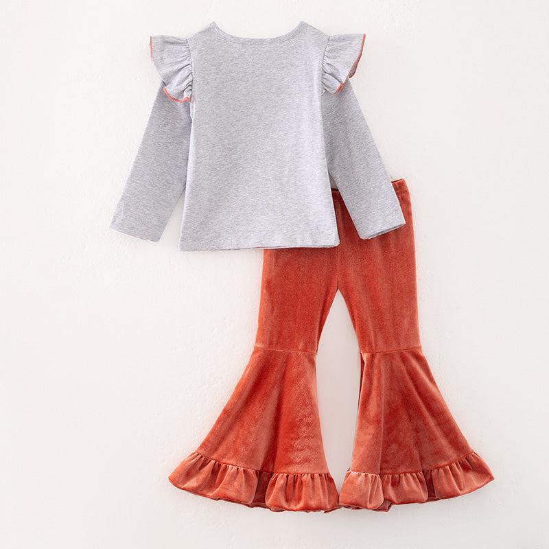 （In Stock）Girls Thanksgiving Pumpkin Print Cotton Velvet Pants Set