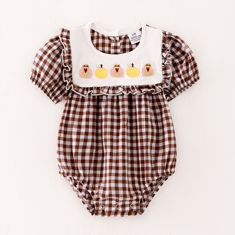 （In Stock）Toddler Girls Thanksgiving Embroidery Smocked Cotton Romper