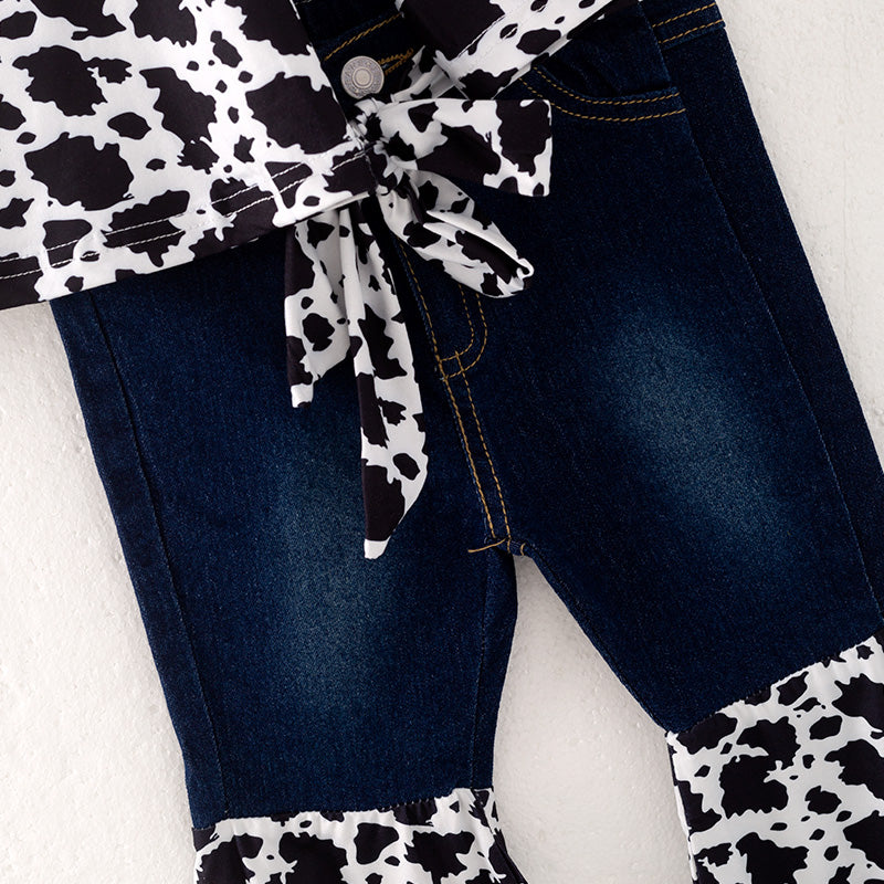 （In Stock）Girls Fall Cow Print Denim Pants Set