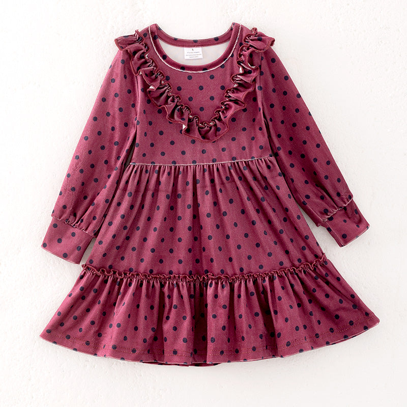 （In Stock）Girls Fall＆Winter Fuchsia Velvet Dot Dress