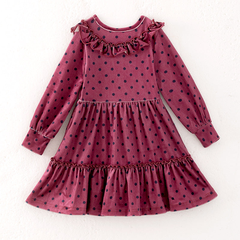 （In Stock）Girls Fall＆Winter Fuchsia Velvet Dot Dress