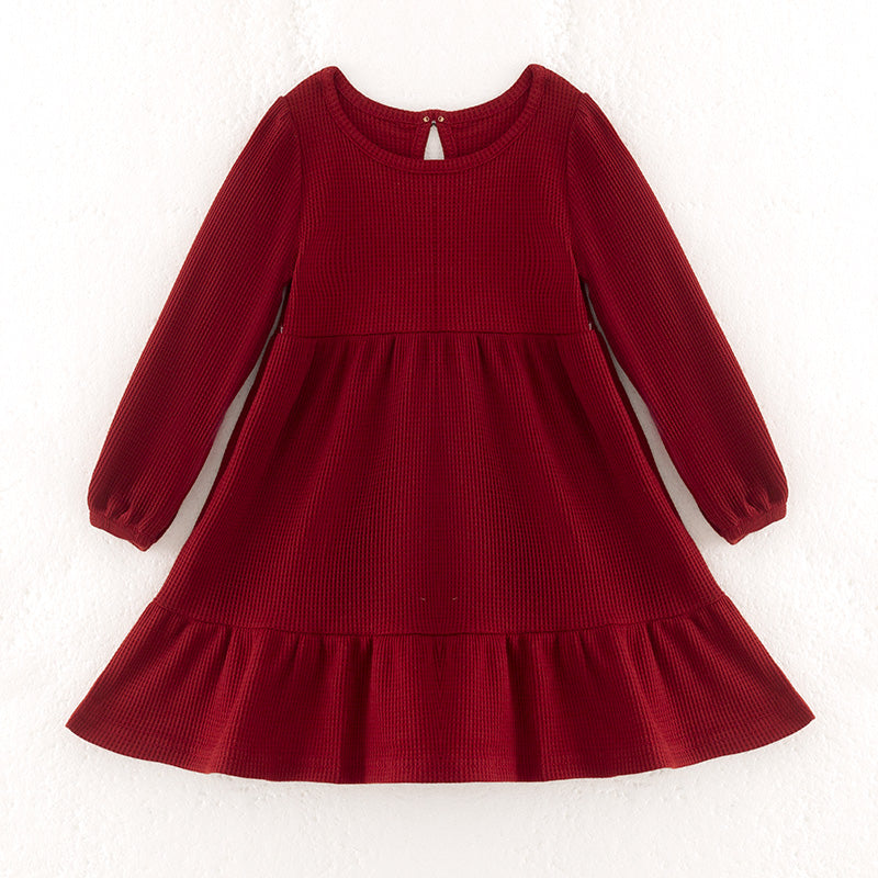 （In Stock）Girls Fall＆Winter Dark Red Waffle Fabric Dress
