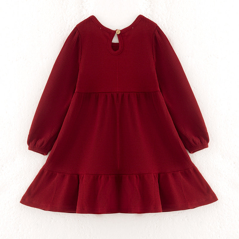 （In Stock）Girls Fall＆Winter Dark Red Waffle Fabric Dress