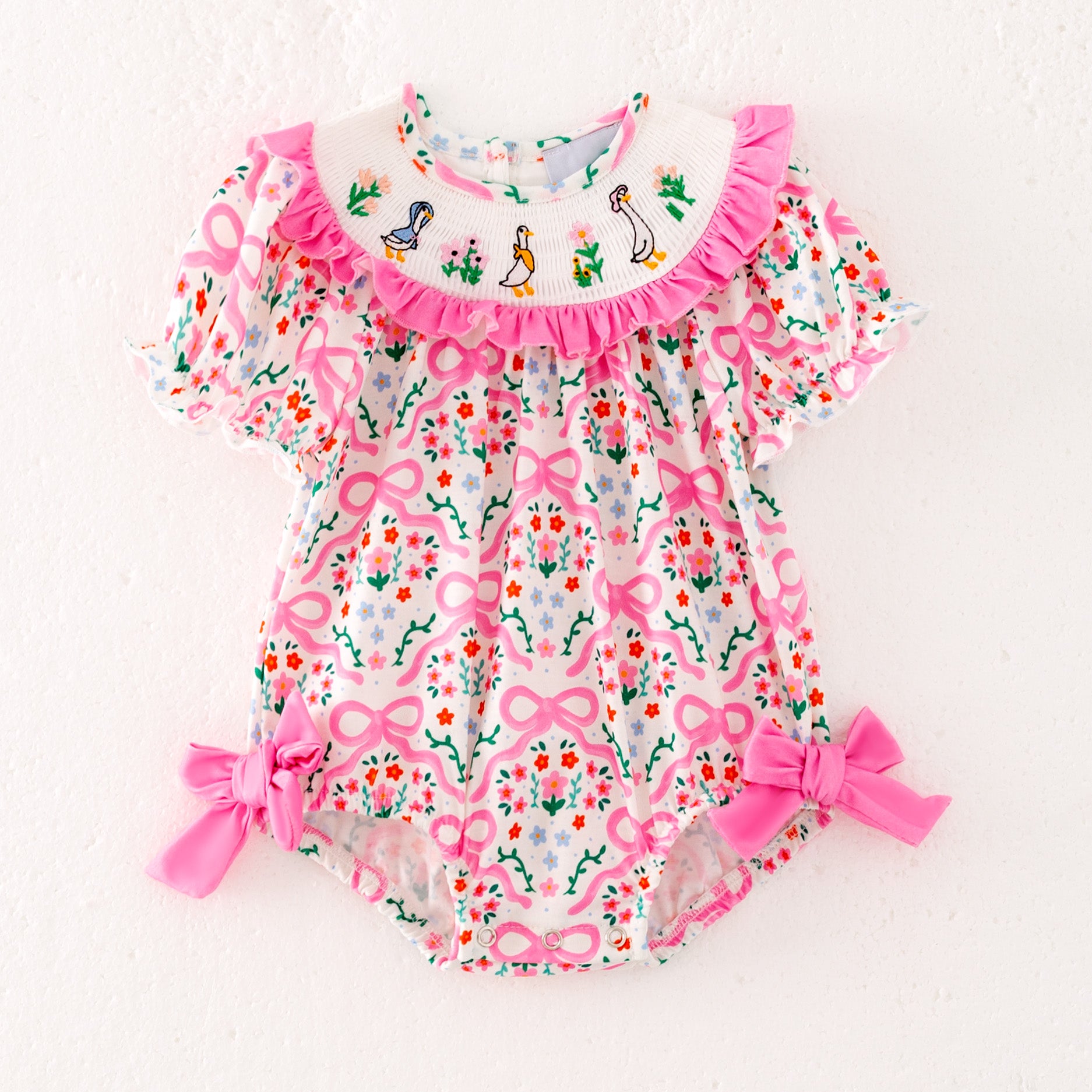 （Pre Order）Sisters Spring and Summer Goose Embroidery Smocked Romper