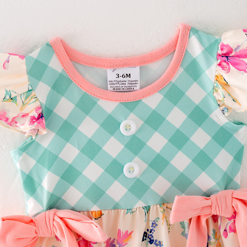 （In Stock L11-05-03）Baby Girls Green Plaid Floral Print Romper