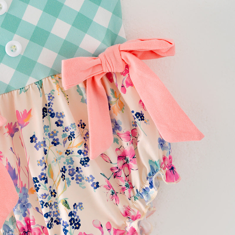 （In Stock L11-05-03）Baby Girls Green Plaid Floral Print Romper