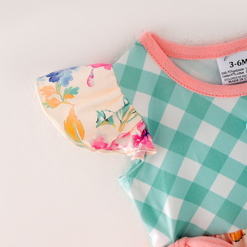 （In Stock L11-05-03）Baby Girls Green Plaid Floral Print Romper