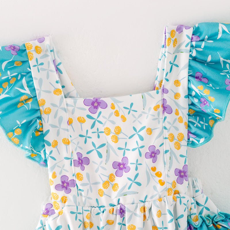 （In Stock L05-03-01）Baby Girls Turquoise Floral Print Romper