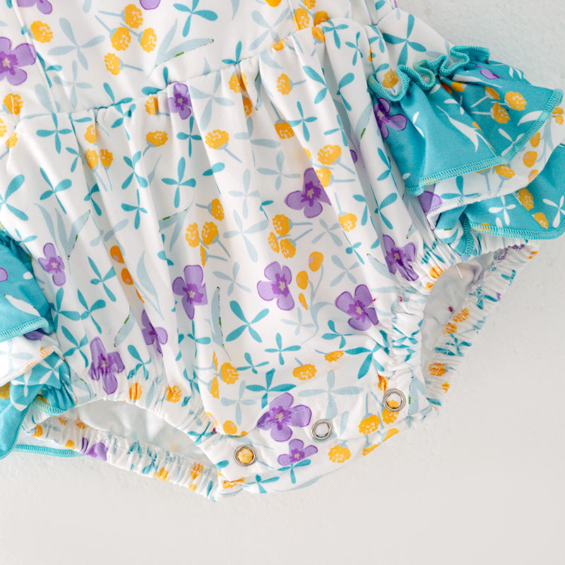 （In Stock L05-03-01）Baby Girls Turquoise Floral Print Romper