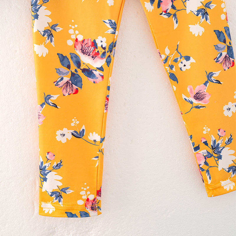 （In Stock）Girls Fall Navy Blue Cotton Top Floral Print Pants Set