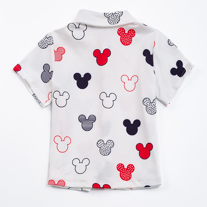 (In Stock Q08-05-02  L11-02-02)Mickey Mouse Portrait Print Boys Button Up Short Sleeve Shirt