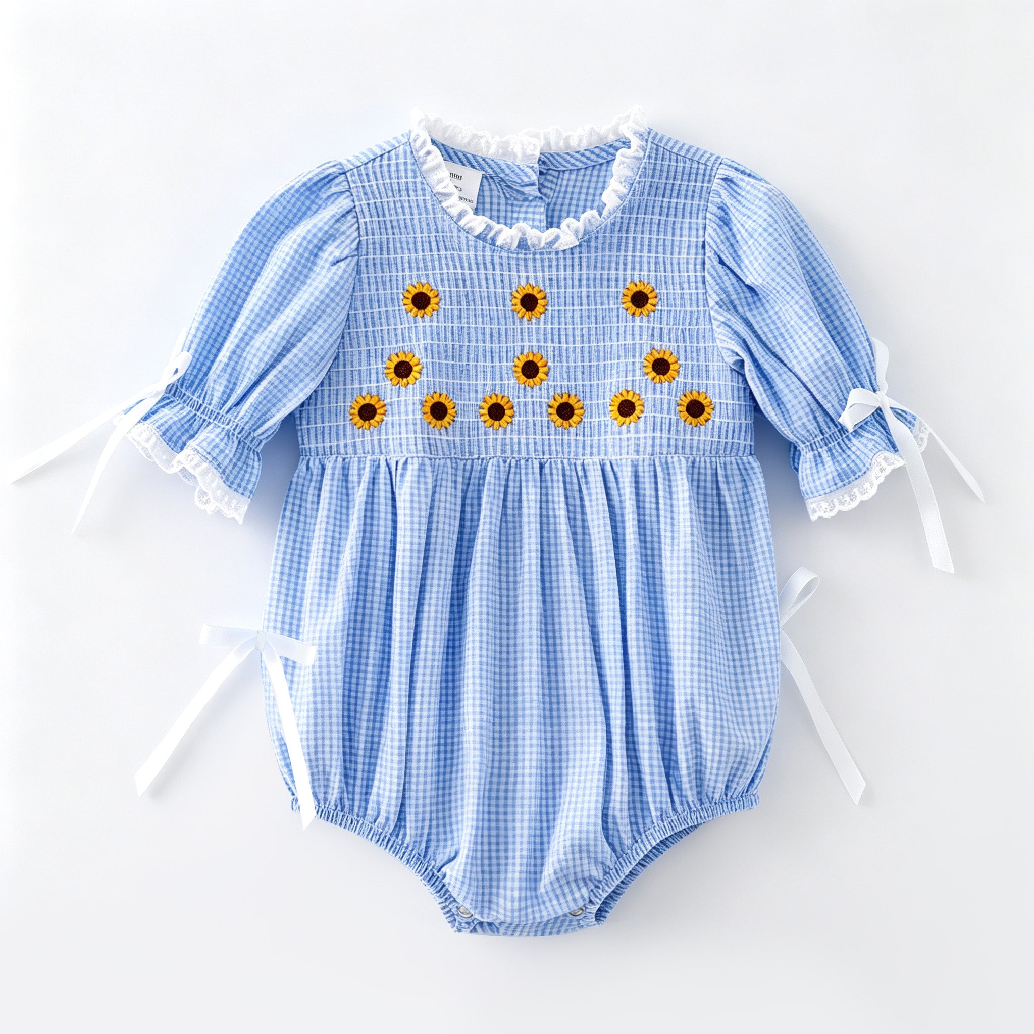 （In Stock）Toddler Girls Sunflower Embroidery Smocked Cotton Romper