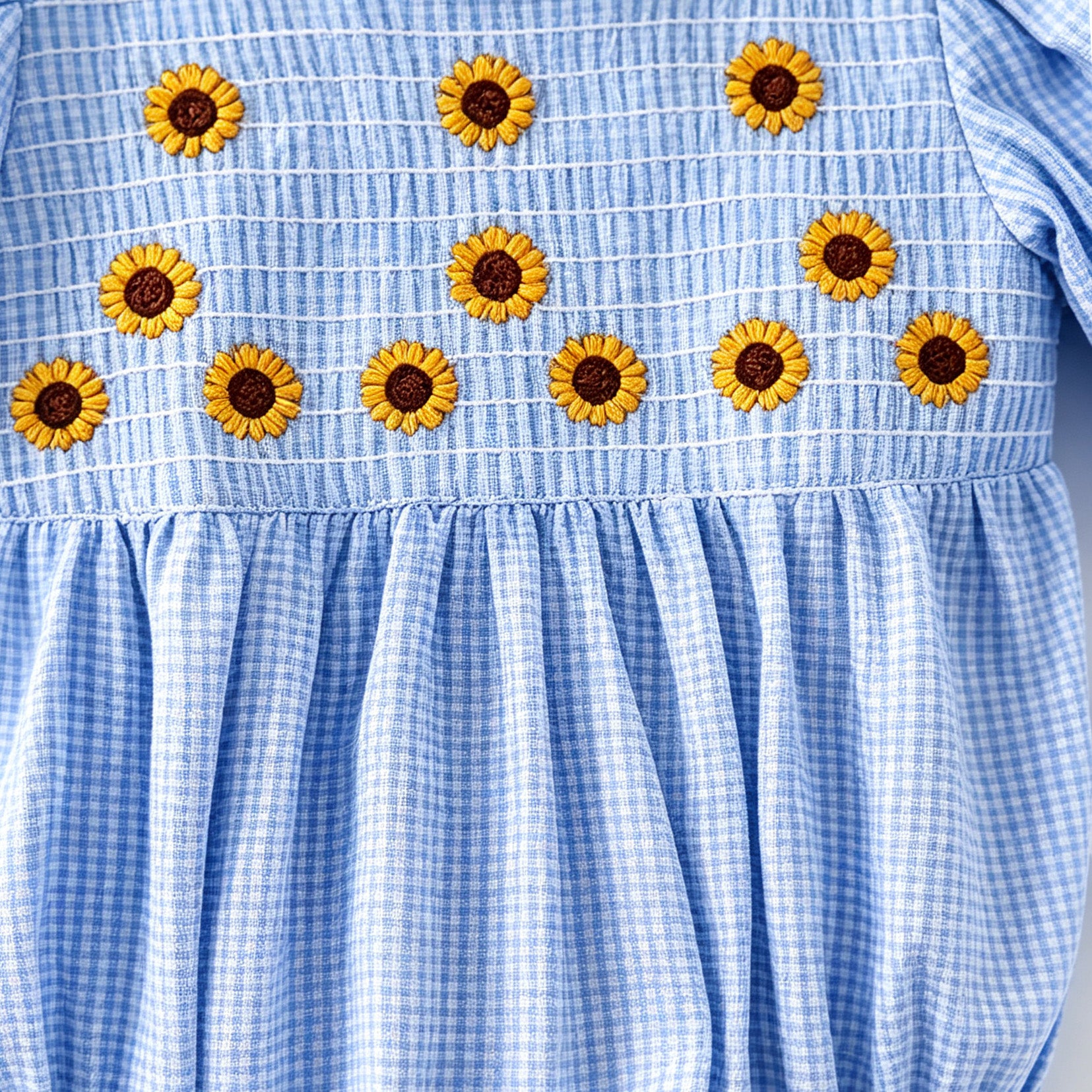 （In Stock）Toddler Girls Sunflower Embroidery Smocked Cotton Romper