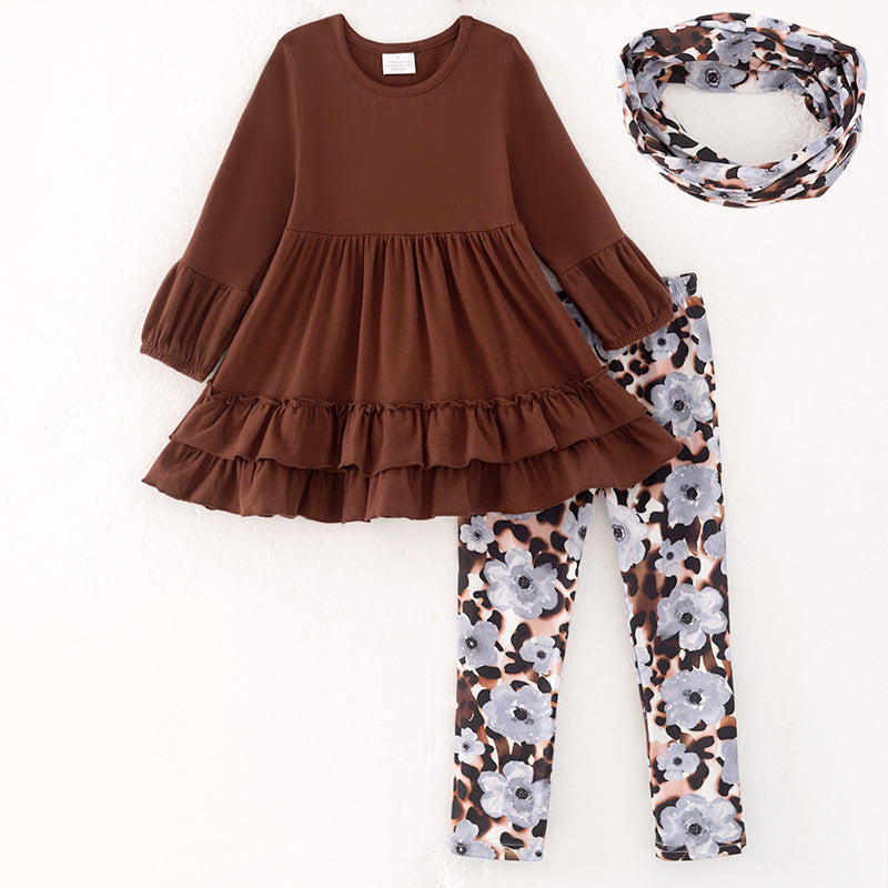 （In Stock）Girls Fall Brown Cotton Top Floral Print Pants Set