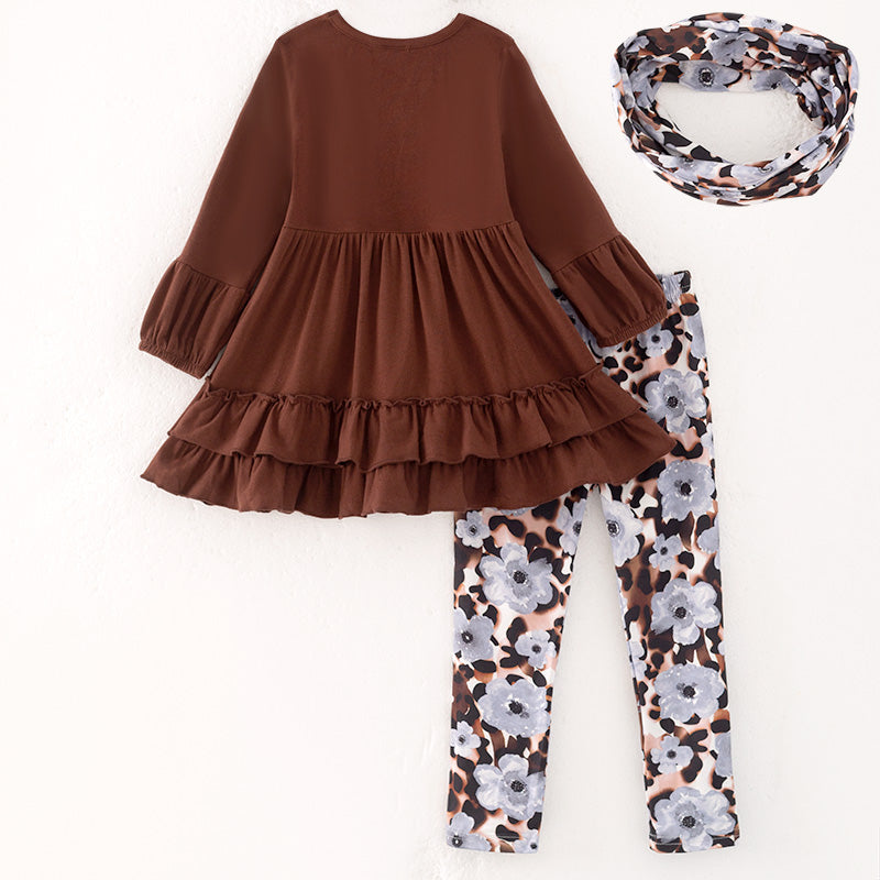 （In Stock）Girls Fall Brown Cotton Top Floral Print Pants Set