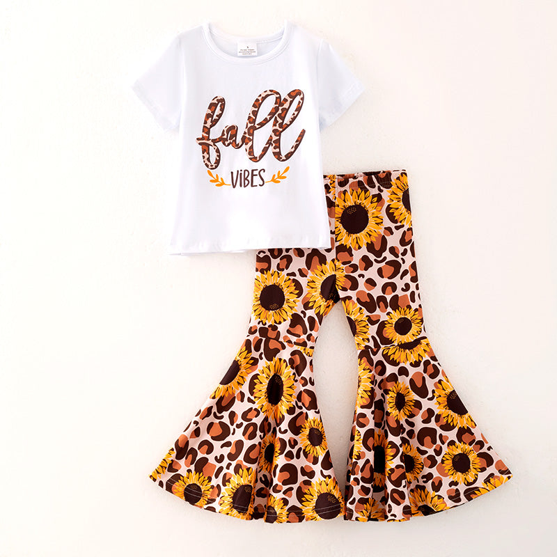 （In Stock）Girls Fall Vibes Print Cotton Top Sunflower Print Pants Set