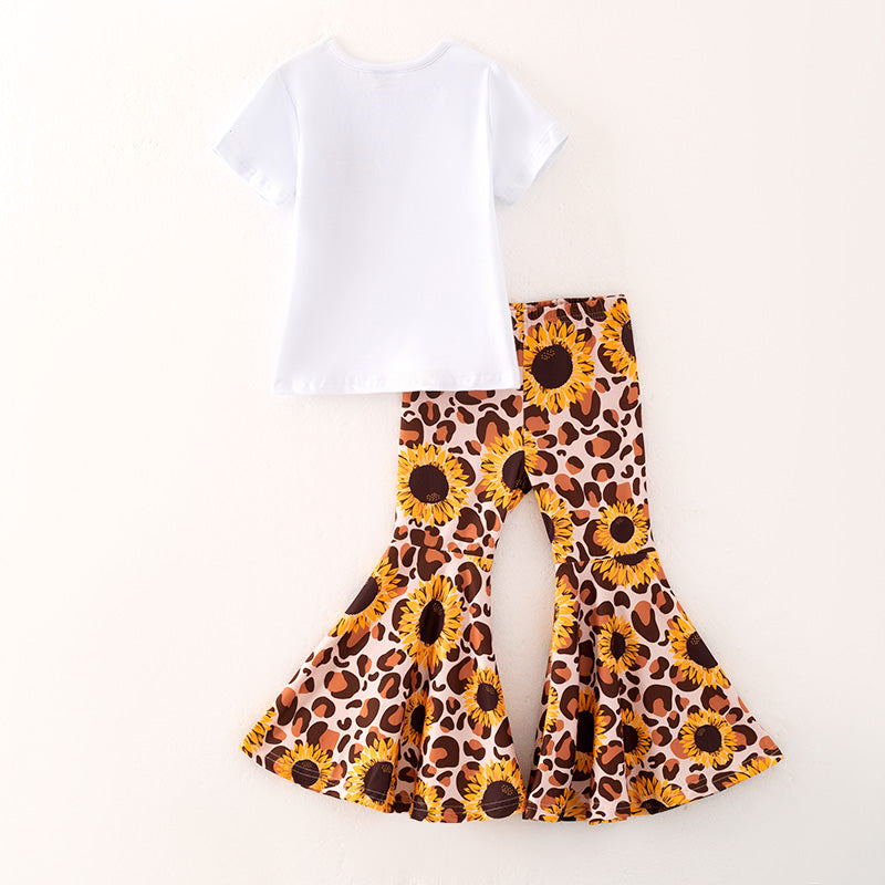（In Stock）Girls Fall Vibes Print Cotton Top Sunflower Print Pants Set