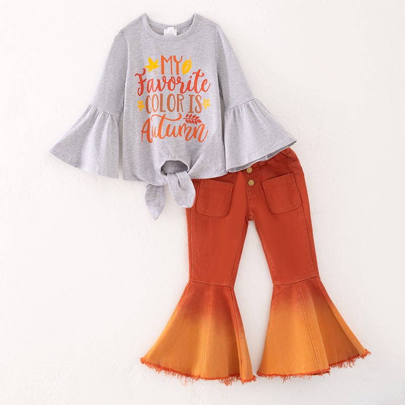 （In Stock）Girls Fall Print Cotton Knotted Top Denim Set