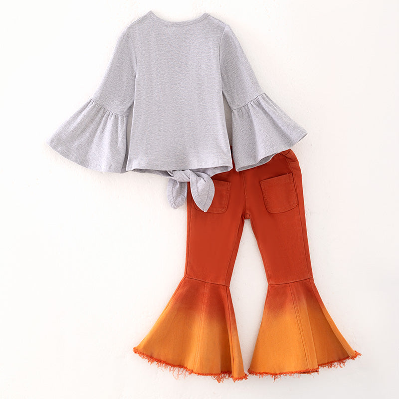 （In Stock）Girls Fall Print Cotton Knotted Top Denim Set