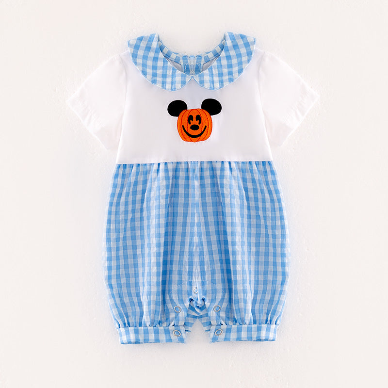 (In Stock) Baby Boys Cartoon Embroidery Blue plaid Romper