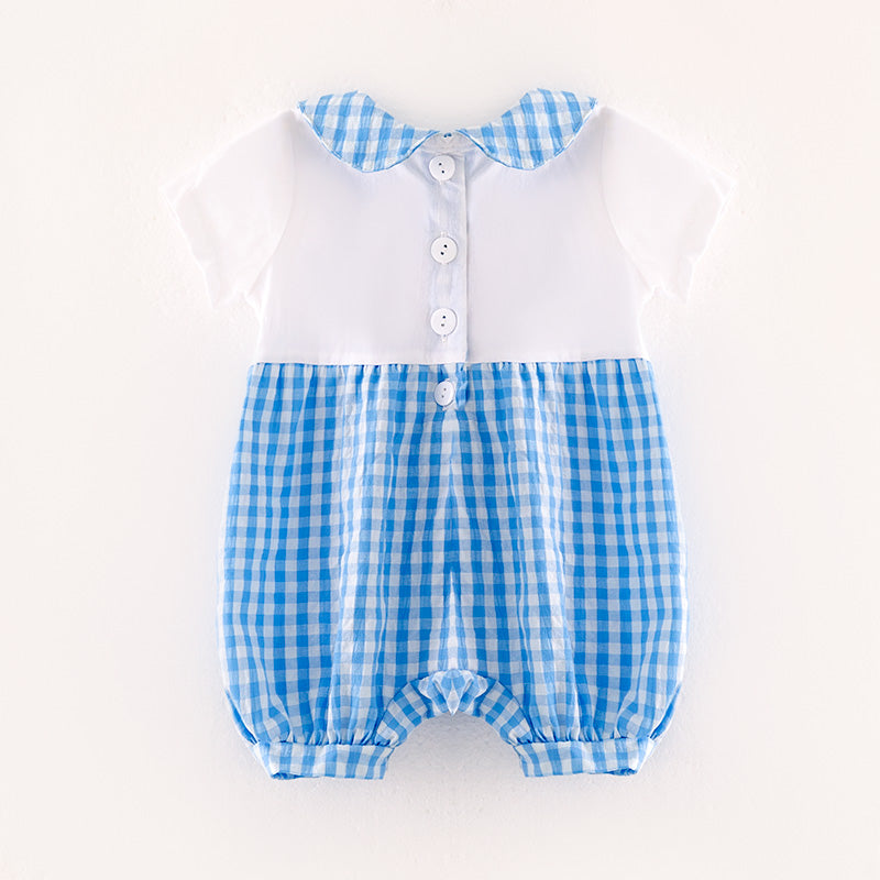(In Stock) Baby Boys Cartoon Embroidery Blue plaid Romper