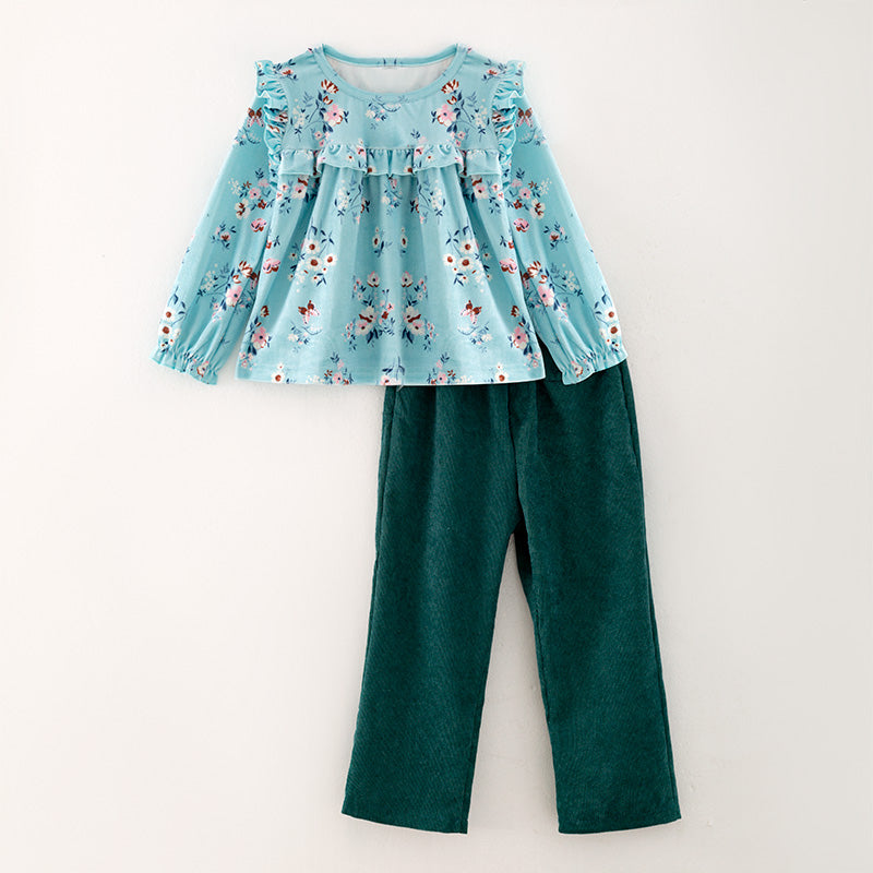（In Stock G32-04-01）Girls Mint Floral Print Outfit Set
