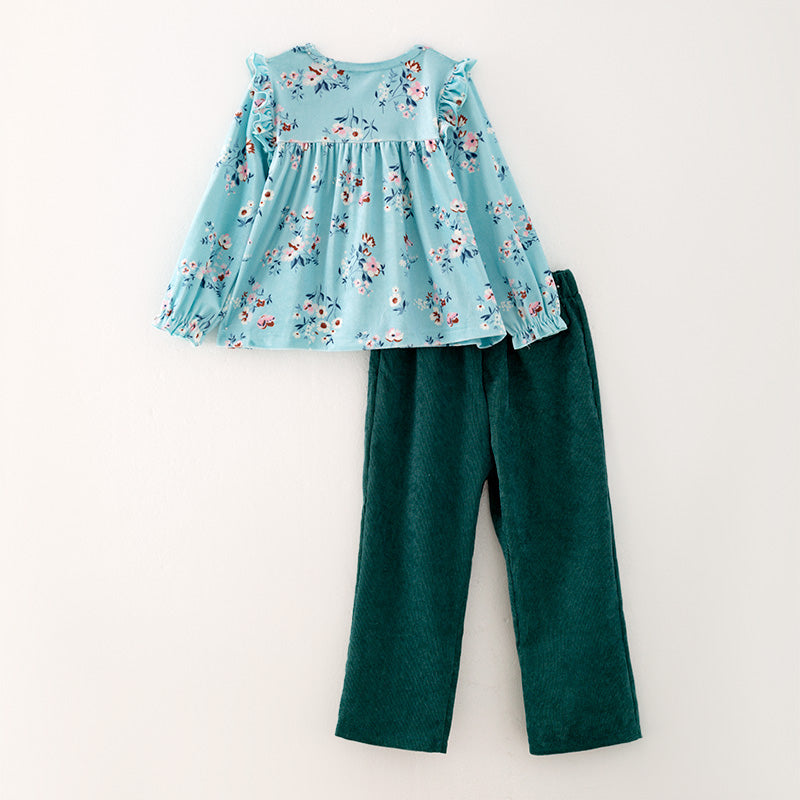 （In Stock G32-04-01）Girls Mint Floral Print Outfit Set
