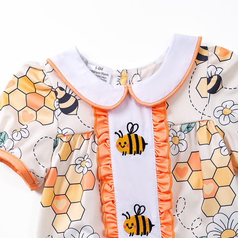 （In Stock E23-4-1）Girls Bee Embroidery Floral Peter Pan Collar Romper
