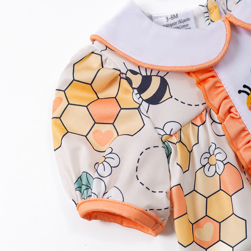 （In Stock E23-4-1）Girls Bee Embroidery Floral Peter Pan Collar Romper