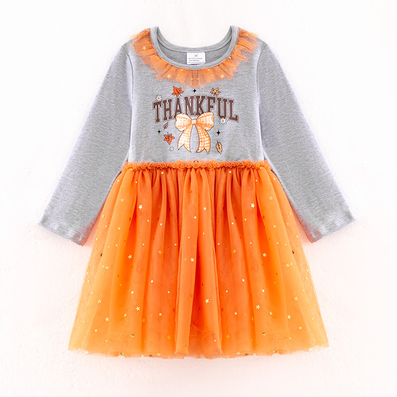 （In Stock）Girls Thanksgiving Print Tulle Dress