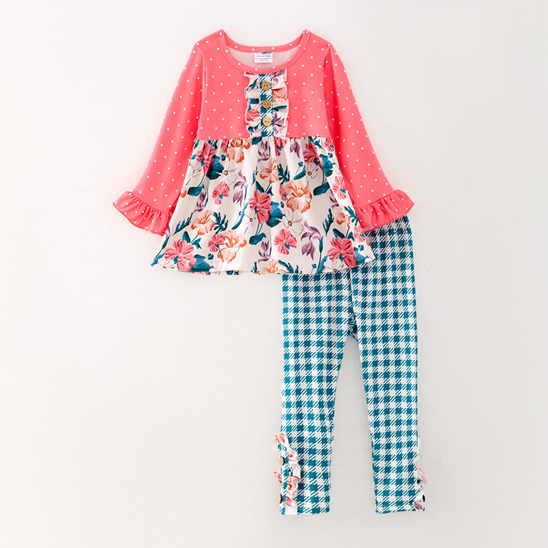 （In Stock G26-04-01）Girls Pink Floral Print Outfit Set