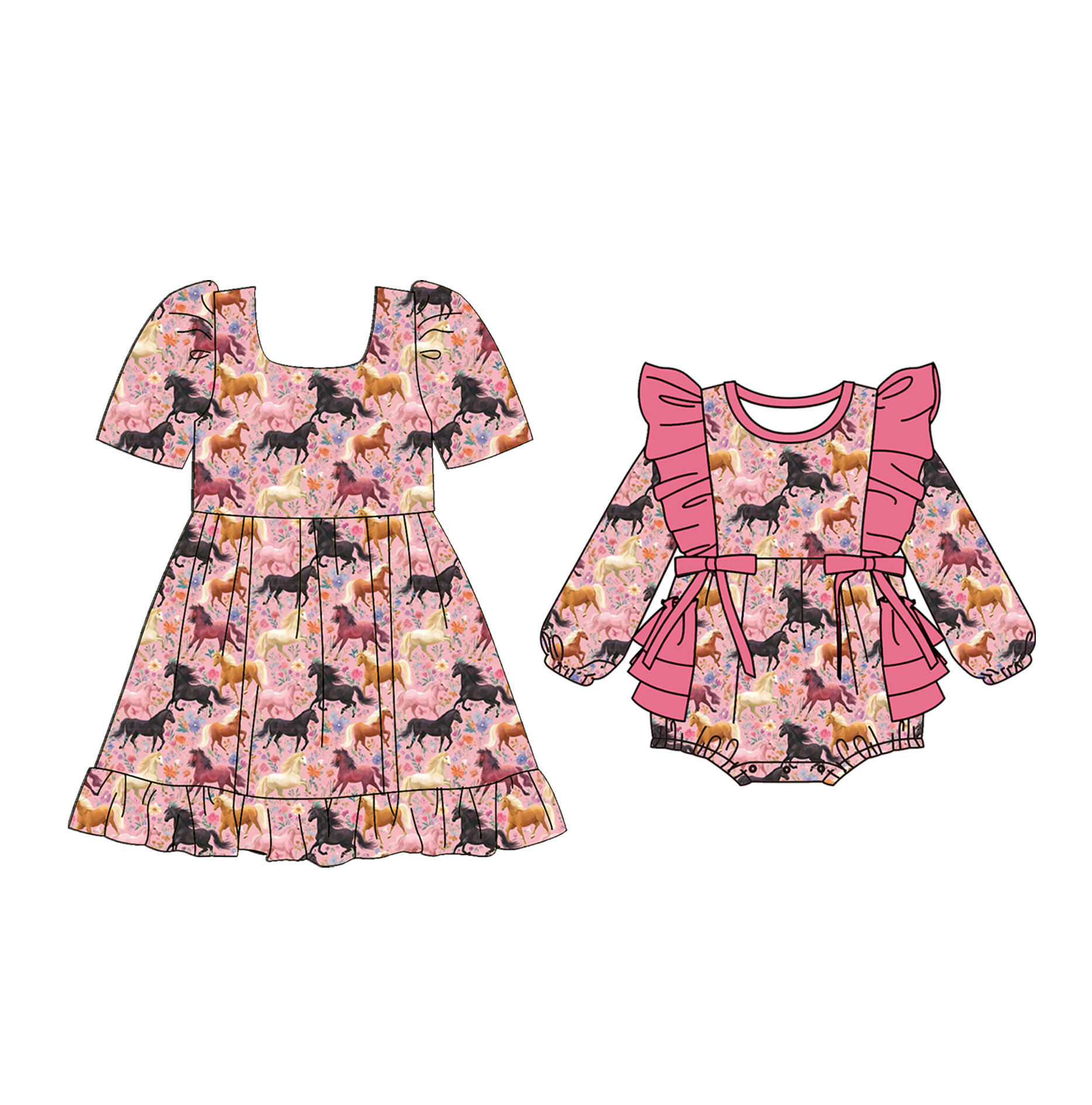 （Pre Order）Sisters Fall Horse Print Dress&Romper