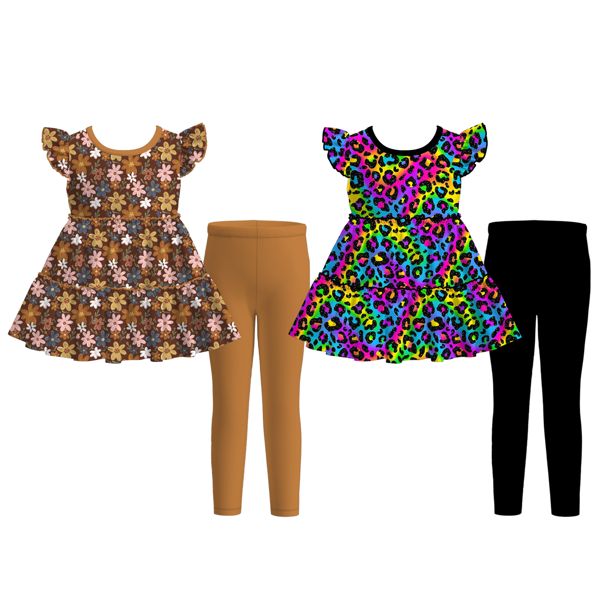 （Pre Order）Girls Fall Floral&Leopard Print Outfit Set