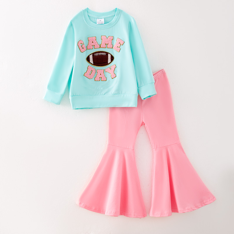 （In Stock）Girls Fall Game Day Chenille Patches Cotton Outfit Set