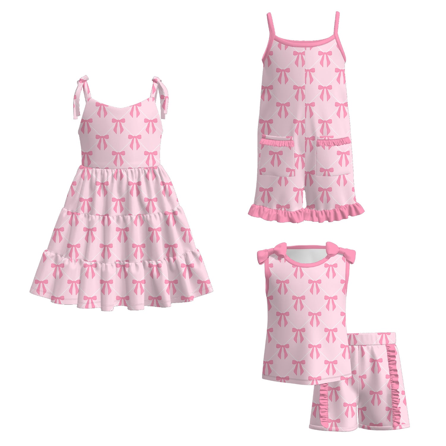 （Pre Order）Girls Spring and Summer Bow Print Dress,Set＆Jumpsuit