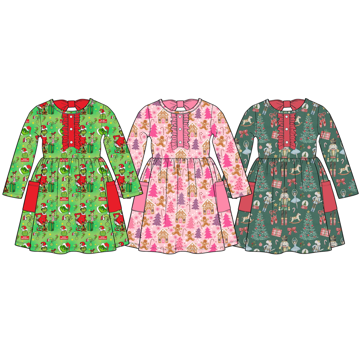 （Pre Order）Girls Christmas Print Dress with Pockets