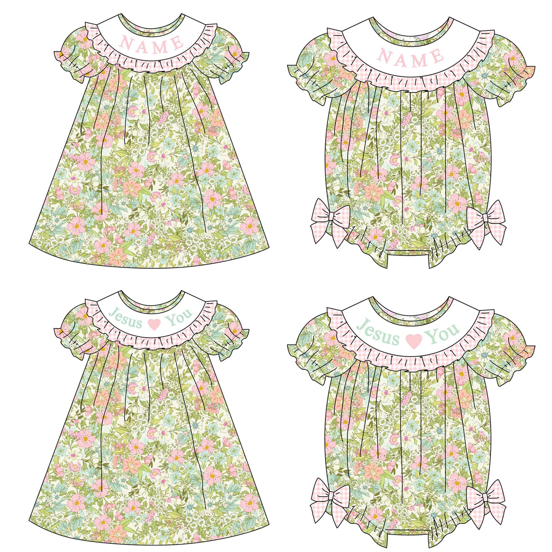 （Pre Order）Sisters Summer Jesus♥You Embroidery Smocked Dress&Romper-Customized Name